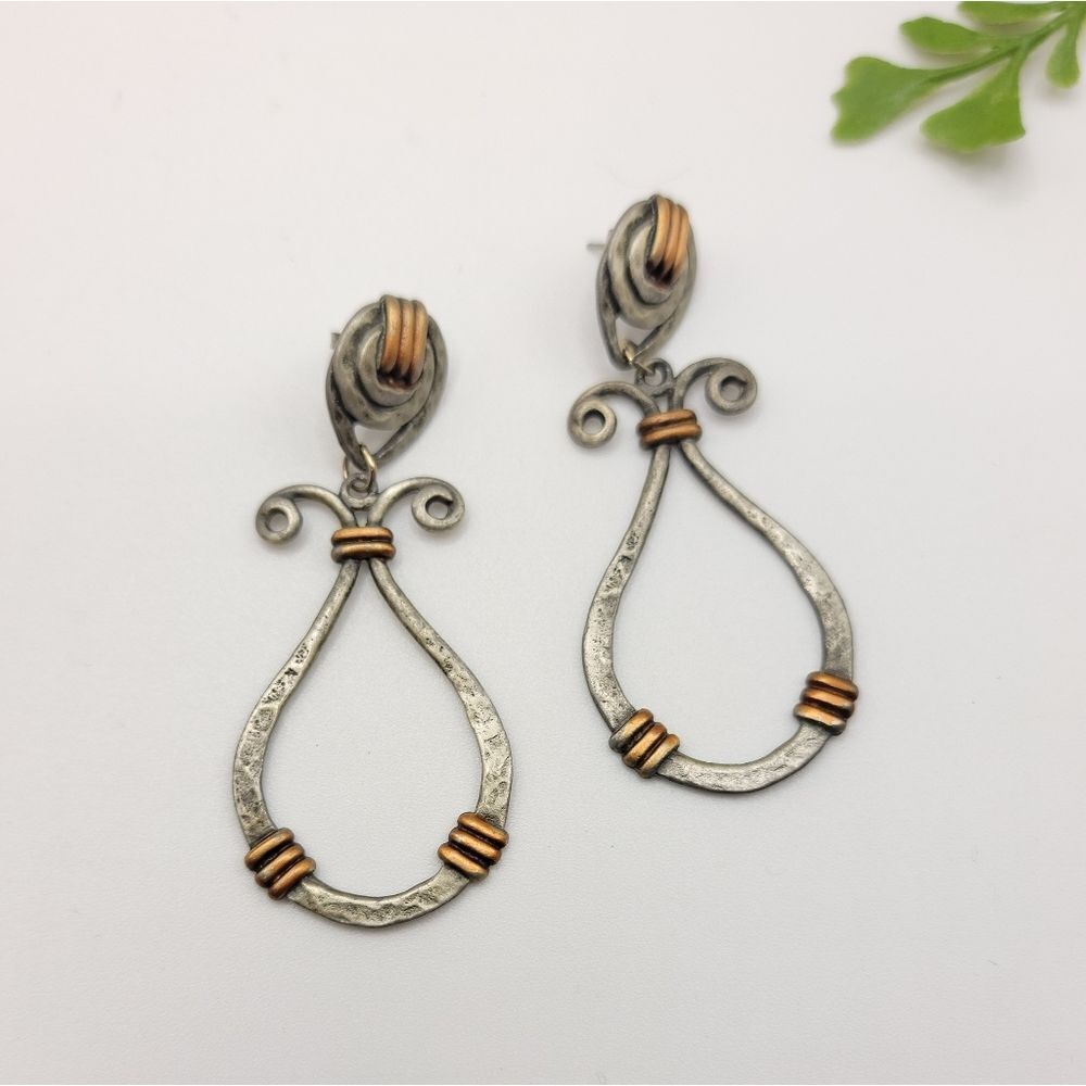 Artisan Earring Hammered Pewter and Brass Swirl Drops